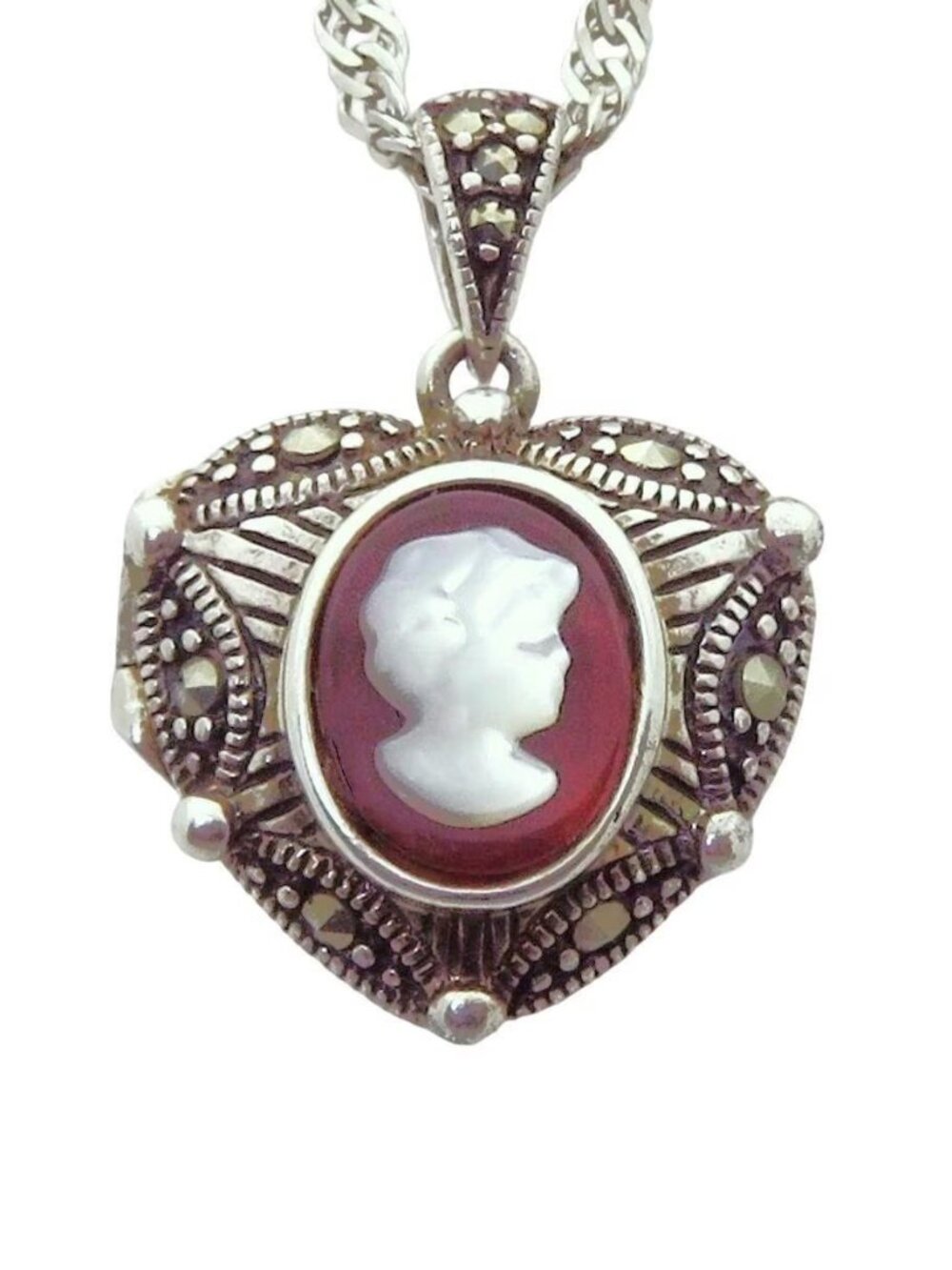 Vintage Sterling Silver Shell Cameo & Marcasite Heart Locket Pendant Necklace